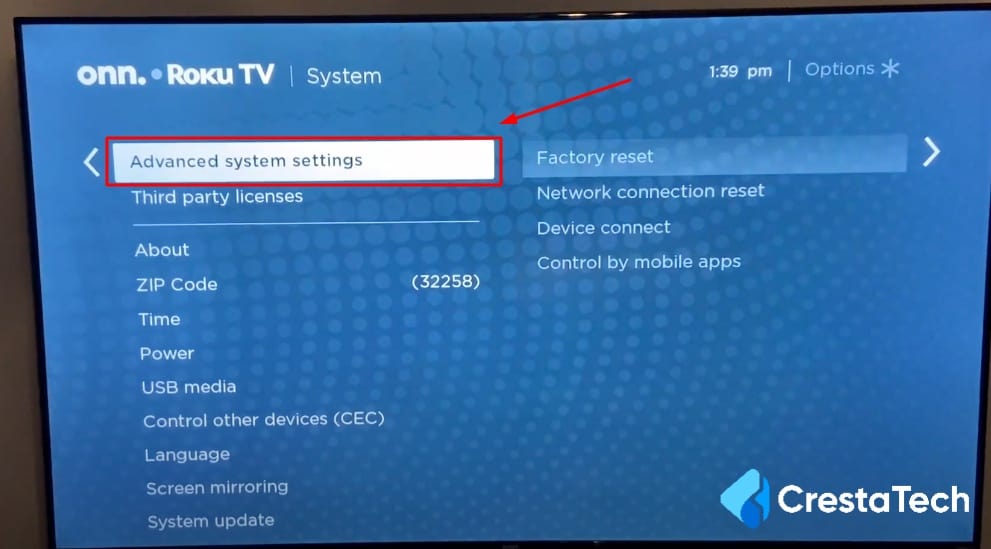 Advance System Settings in Roku TV